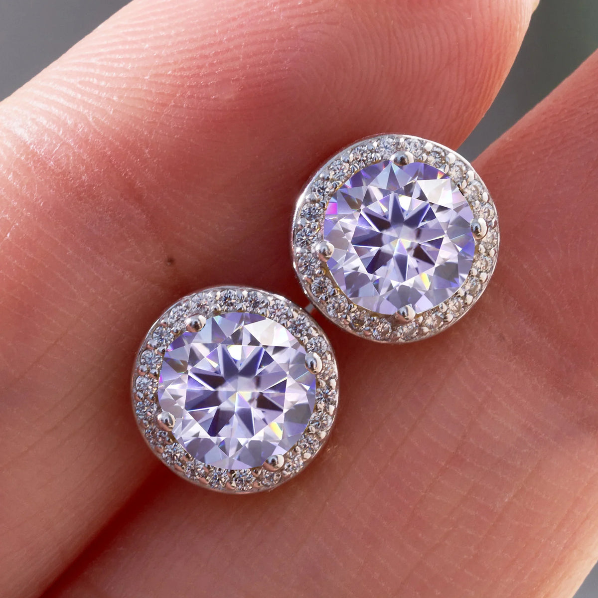 Colored Round Halo Moissanite Stud Earrings, 0.5 or 1 Carat