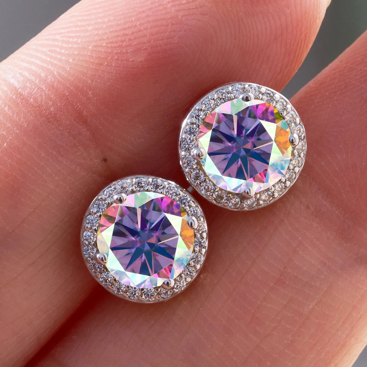 Colored Round Halo Moissanite Stud Earrings, 0.5 or 1 Carat