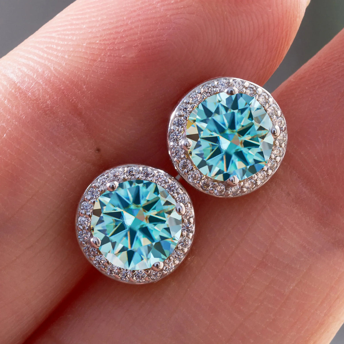 Colored Round Halo Moissanite Stud Earrings, 0.5 or 1 Carat