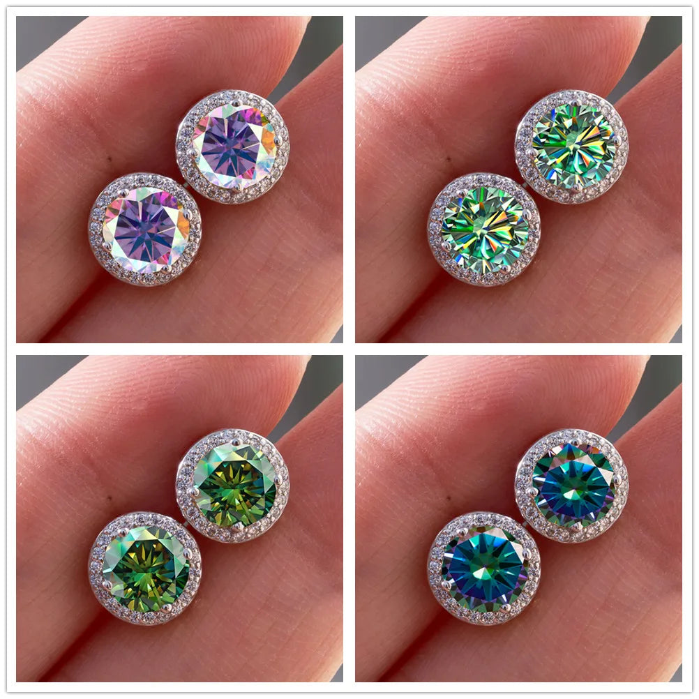 Colored Round Halo Moissanite Stud Earrings, 0.5 or 1 Carat