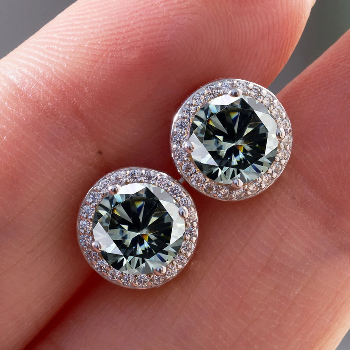 Colored Round Halo Moissanite Stud Earrings, 0.5 or 1 Carat