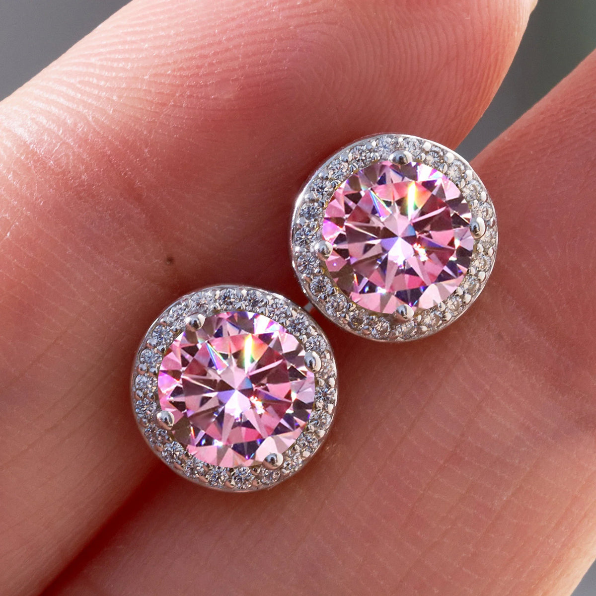 Colored Round Halo Moissanite Stud Earrings, 0.5 or 1 Carat