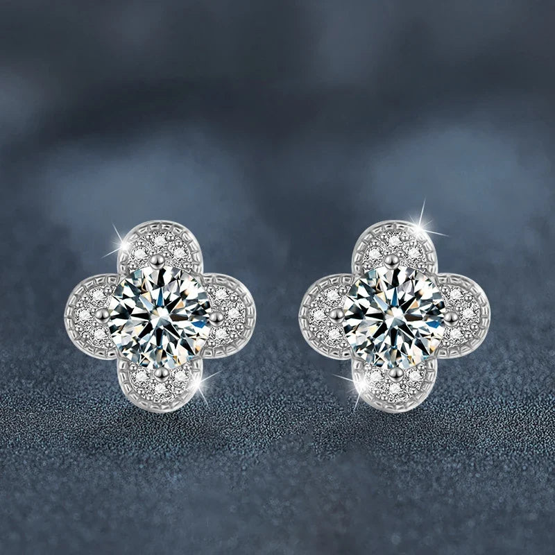 Clover Moissanite Stud Earrings with Zircon Accents in Silver