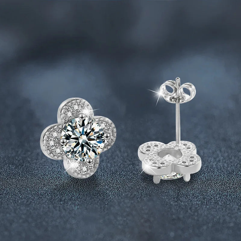 Clover Moissanite Stud Earrings with Zircon Accents in Silver