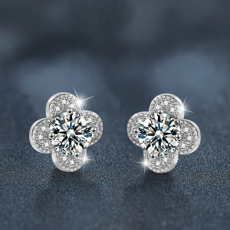 Clover Moissanite Stud Earrings with Zircon Accents in Silver