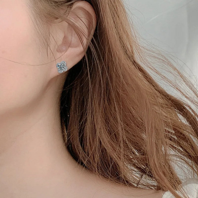 Clover Moissanite Stud Earrings with Zircon Accents in Silver