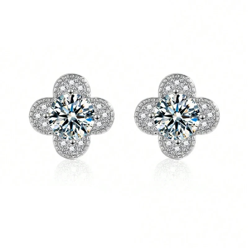 Clover Moissanite Stud Earrings with Zircon Accents in Silver