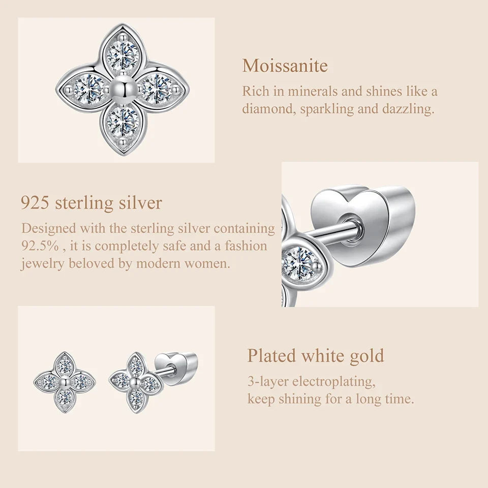 Four-Leaf Clover Moissanite Stud Earrings in Silver