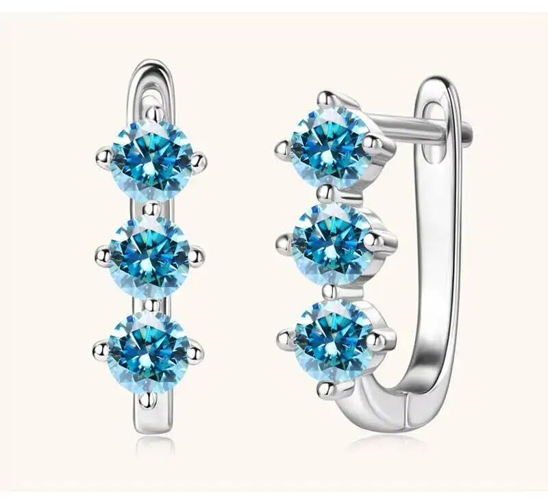Colored Three-Stone Moissanite Hoop Earrings in Silver