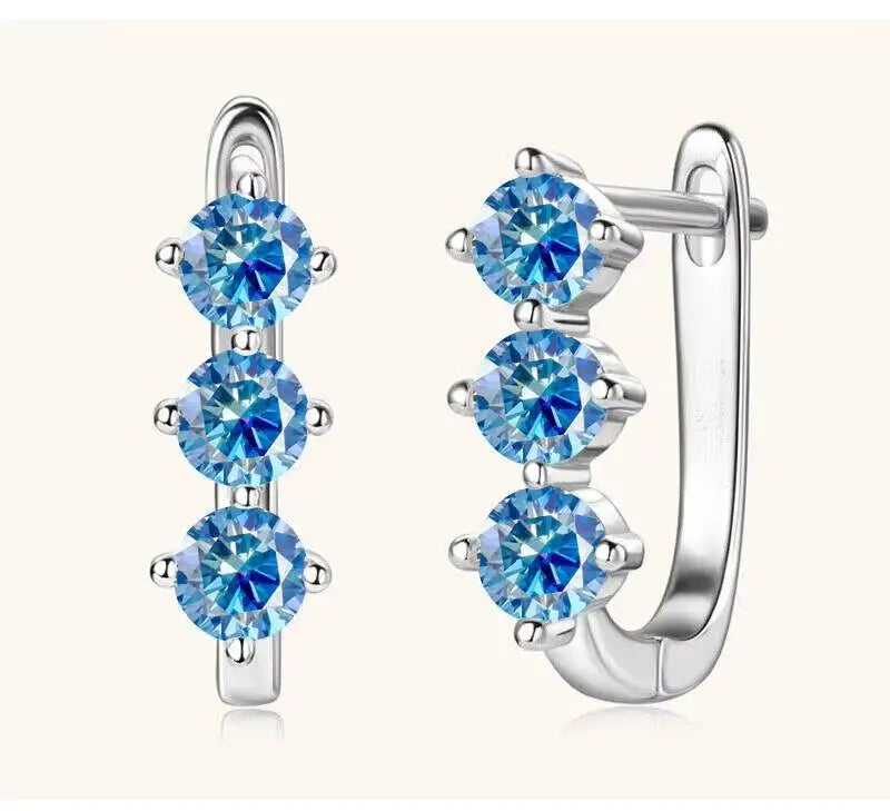 Colored Three-Stone Moissanite Hoop Earrings in Silver