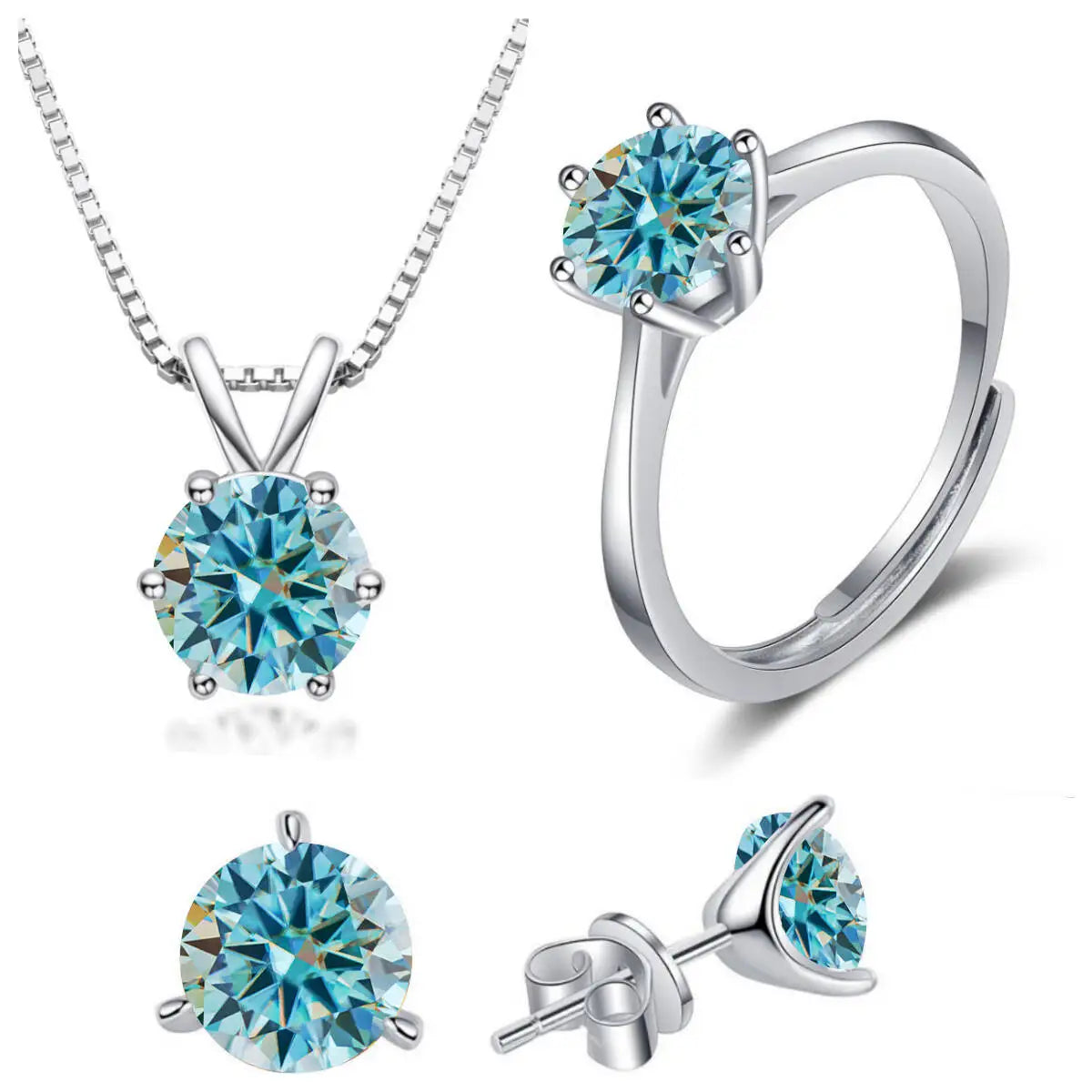 Colored Moissanite Necklace, Stud Earrings & Ring Set