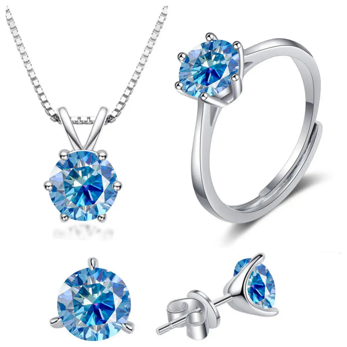 Colored Moissanite Necklace, Stud Earrings & Ring Set