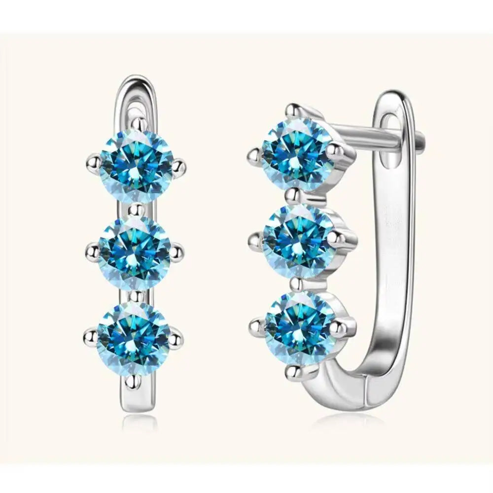 Colored Three-Stone Moissanite Hoop Earrings in Silver
