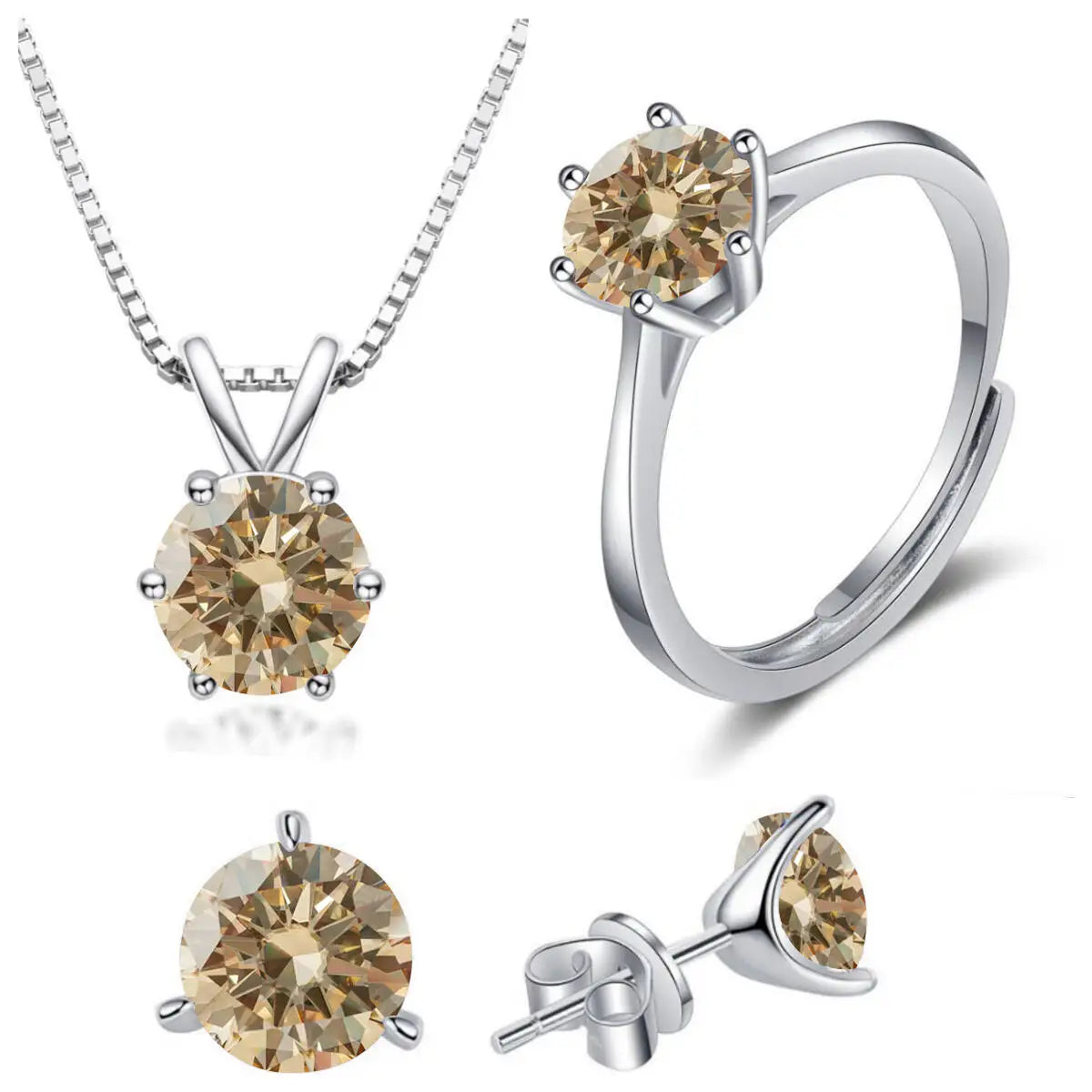 Colored Moissanite Necklace, Stud Earrings & Ring Set