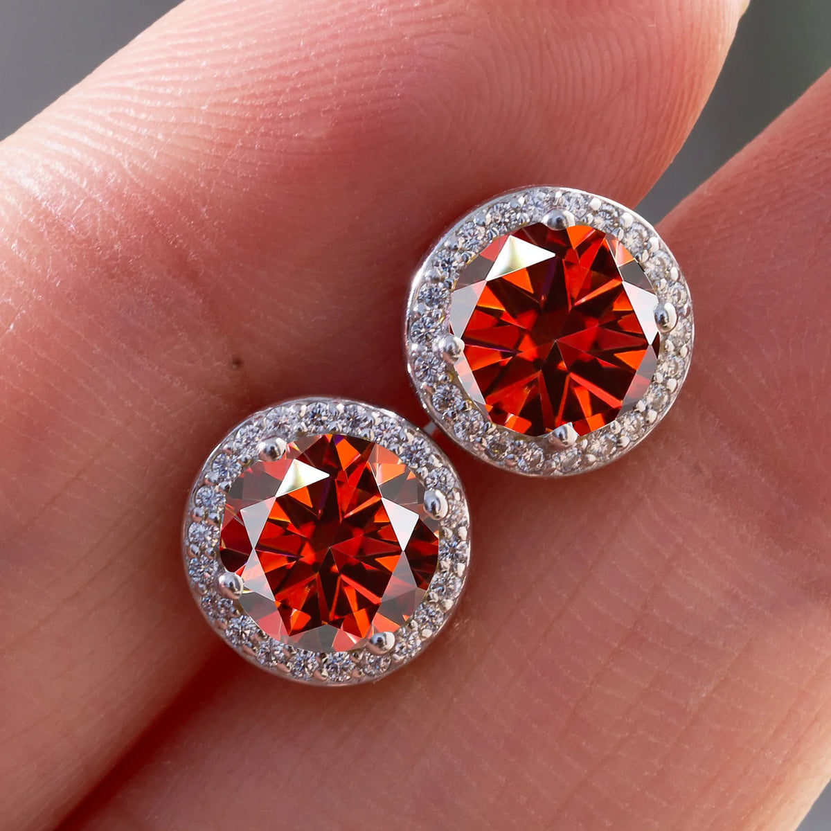 Colored Round Halo Moissanite Stud Earrings, 0.5 or 1 Carat