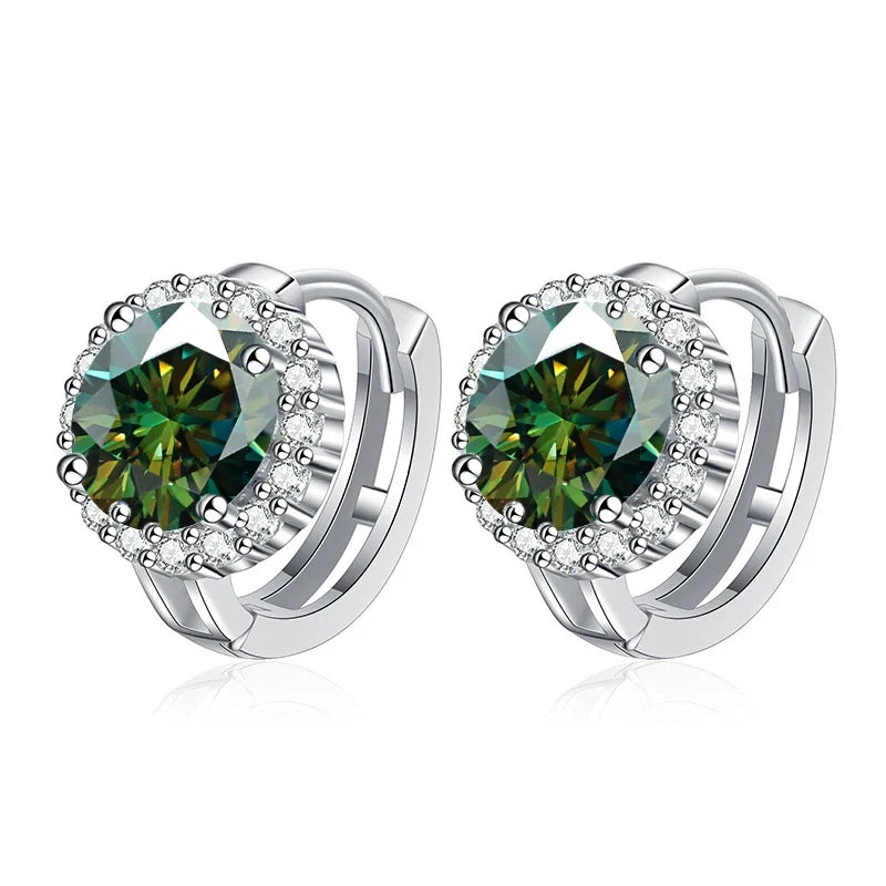Colored Round Halo Moissanite Hoop Earrings in Silver