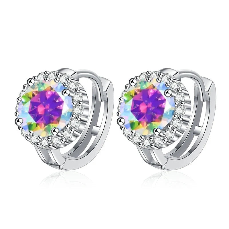 Colored Round Halo Moissanite Hoop Earrings in Silver