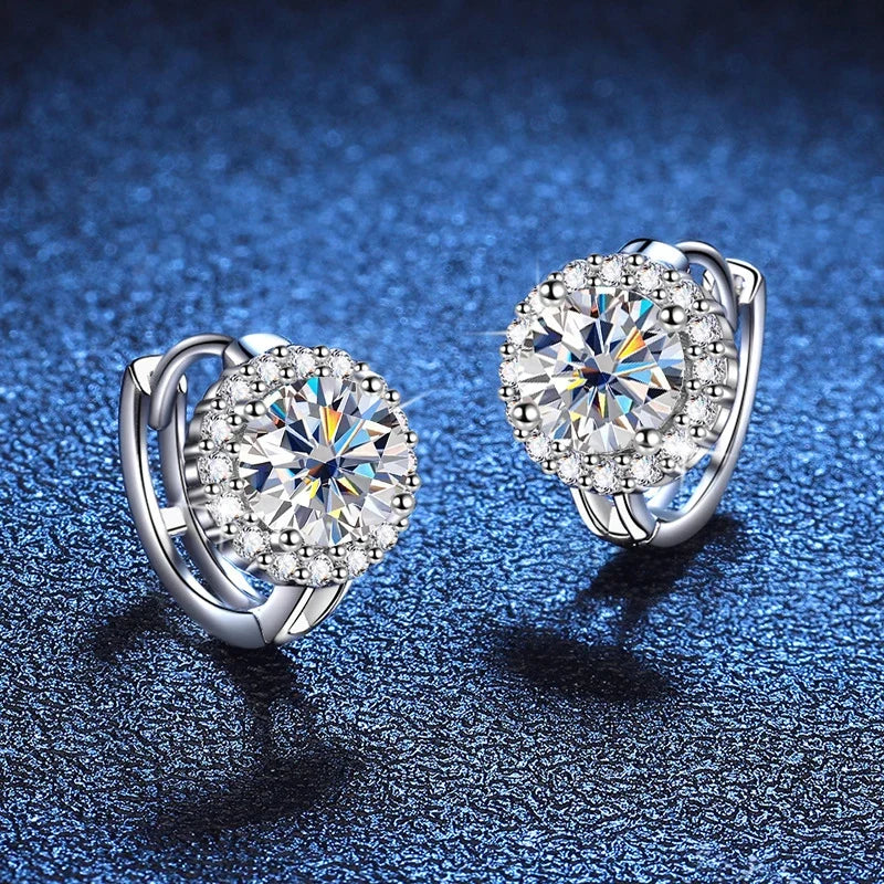 Colored Round Halo Moissanite Hoop Earrings in Silver