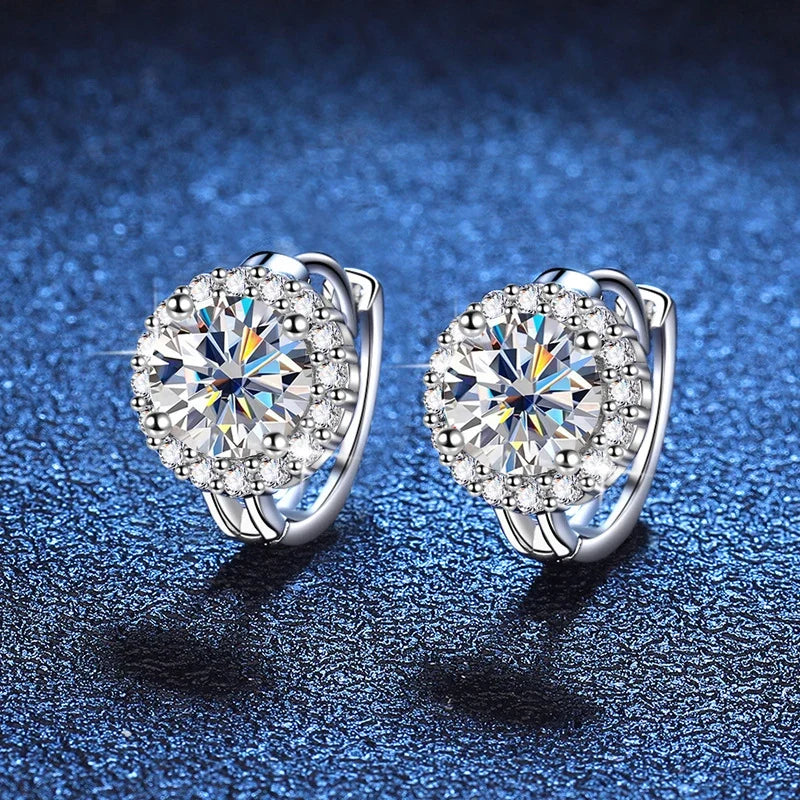 Colored Round Halo Moissanite Hoop Earrings in Silver