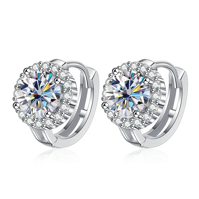 Colored Round Halo Moissanite Hoop Earrings in Silver