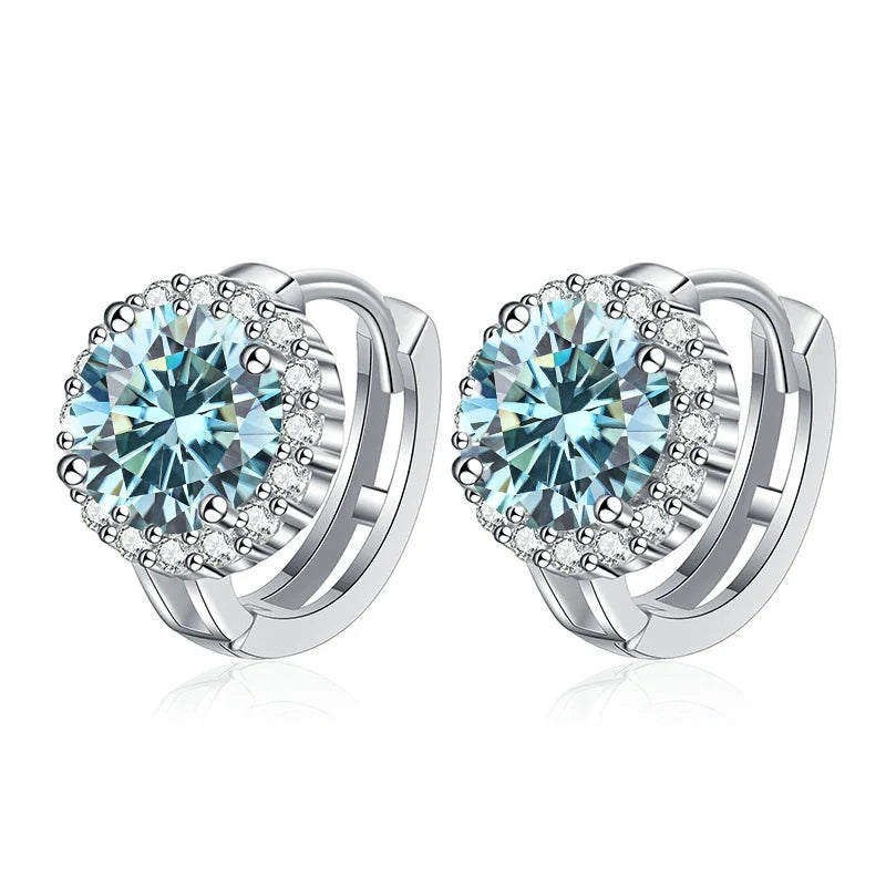 Colored Round Halo Moissanite Hoop Earrings in Silver