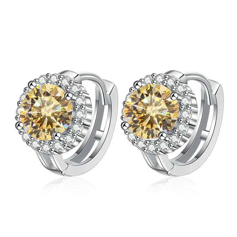 Colored Round Halo Moissanite Hoop Earrings in Silver