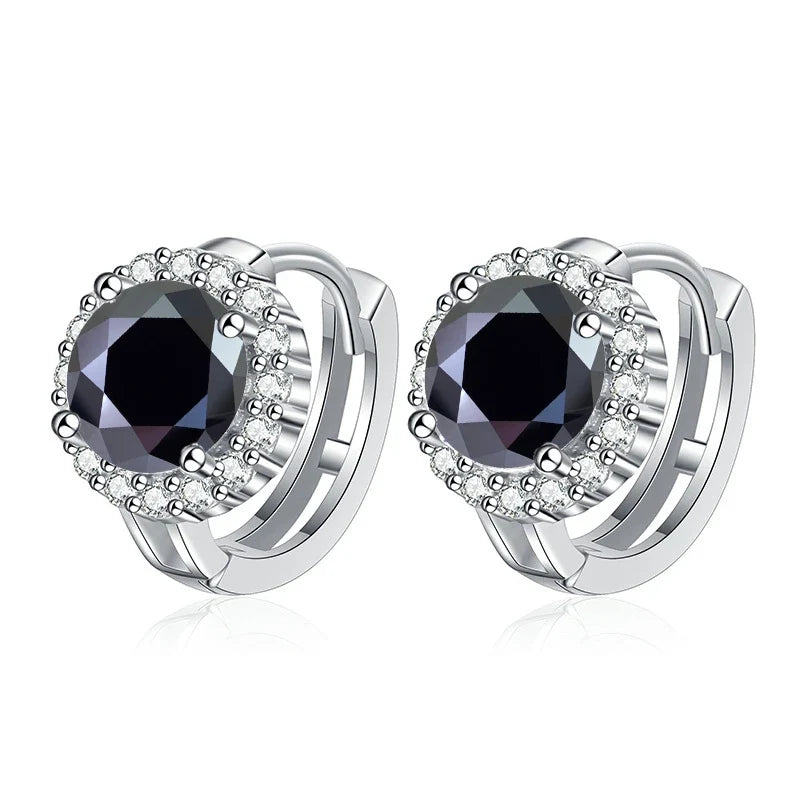 Colored Round Halo Moissanite Hoop Earrings in Silver
