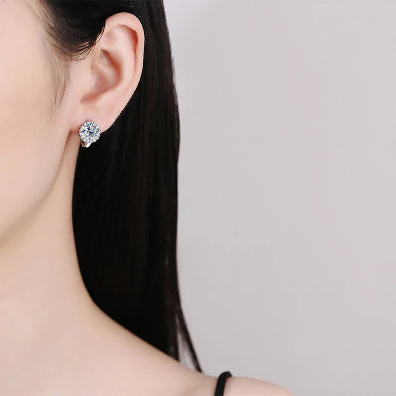 Colored Round Halo Moissanite Hoop Earrings in Silver