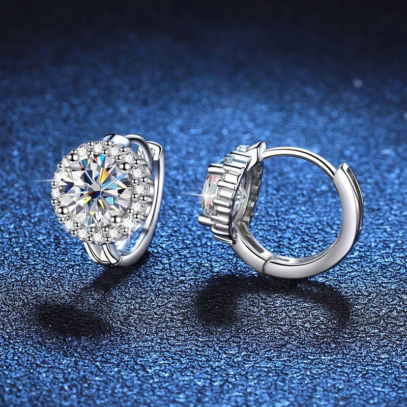 Colored Round Halo Moissanite Hoop Earrings in Silver