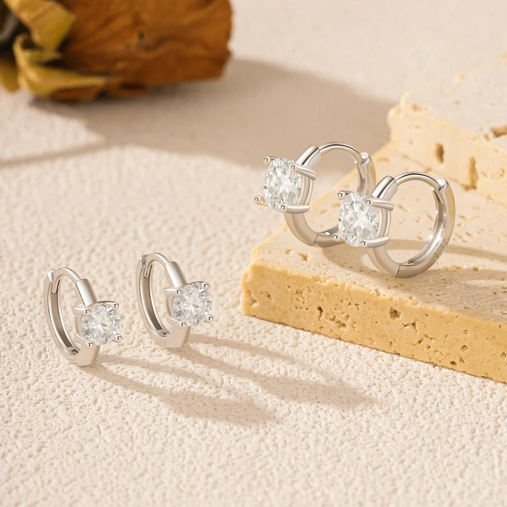 Round Solitaire Moissanite Hoop Earrings in Sterling Silver