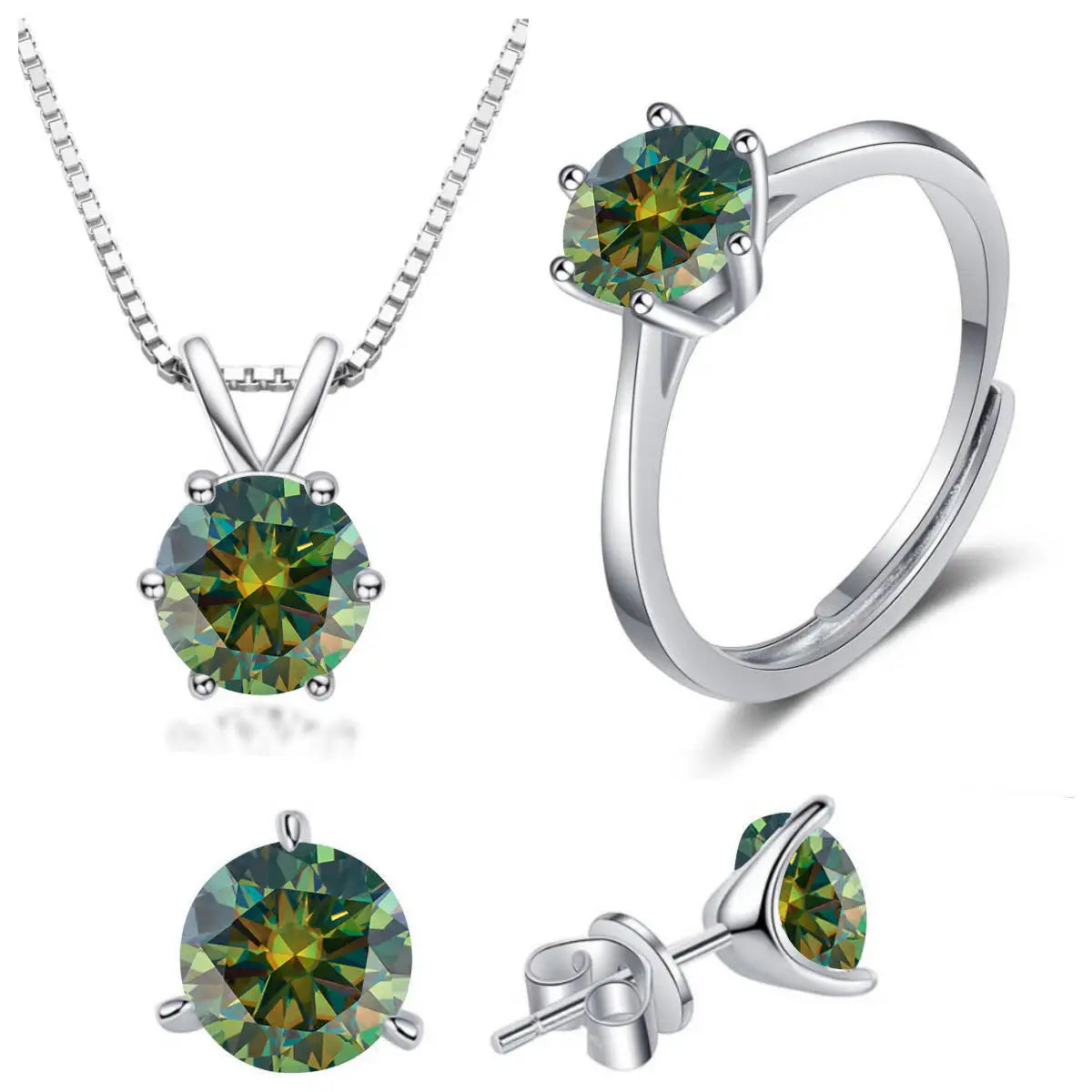 Colored Moissanite Necklace, Stud Earrings & Ring Set