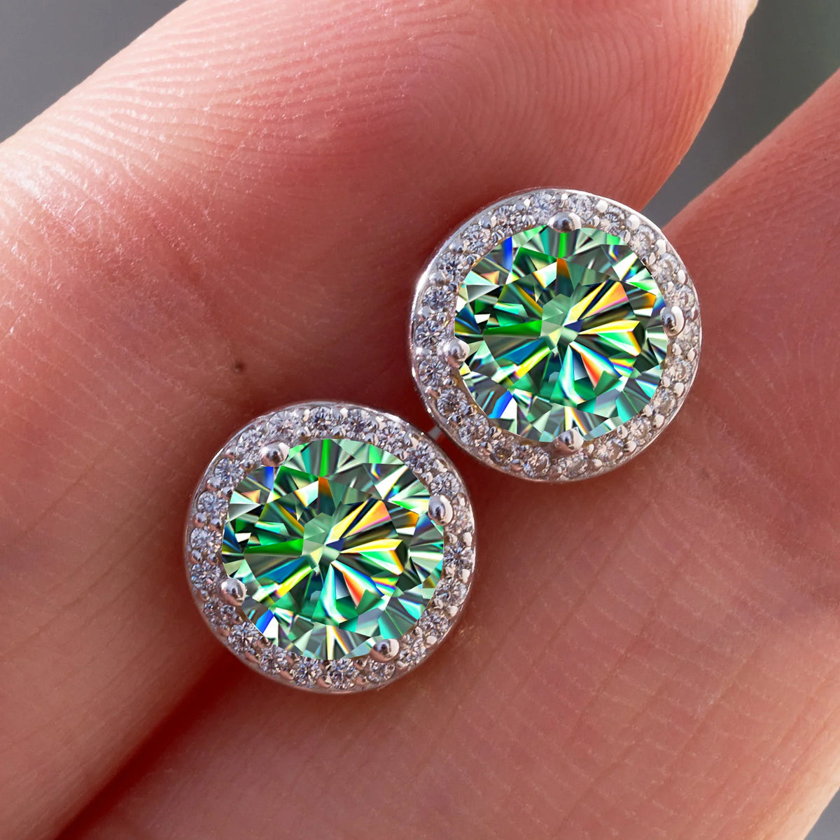 Colored Round Halo Moissanite Stud Earrings, 0.5 or 1 Carat