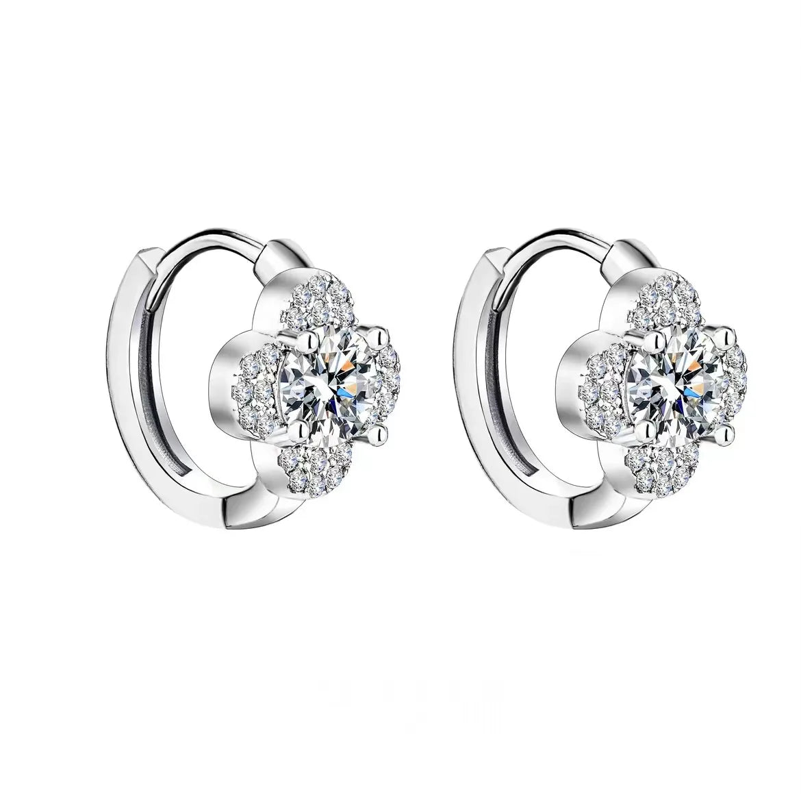 Clover Halo Moissanite Hoop Earrings in 925 Sterling Silver