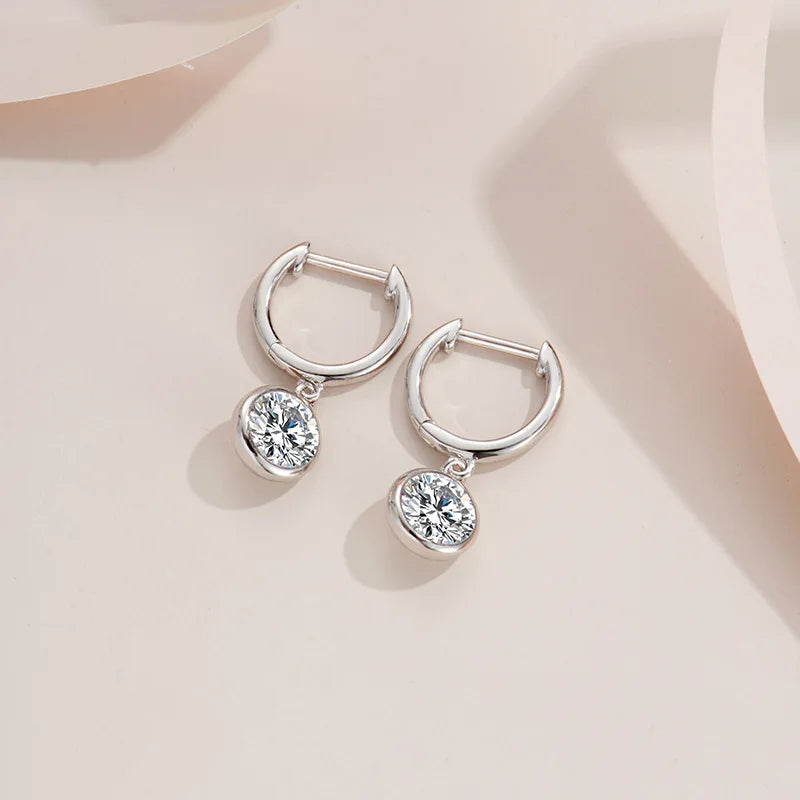Bezel Moissanite Hoop Drop Earrings in Sterling Silver