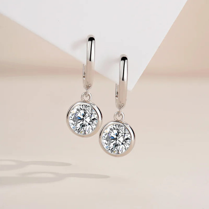 Bezel Moissanite Hoop Drop Earrings in Sterling Silver