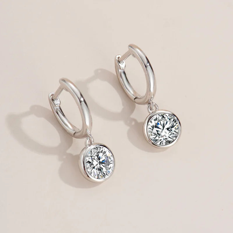 Bezel Moissanite Hoop Drop Earrings in Sterling Silver