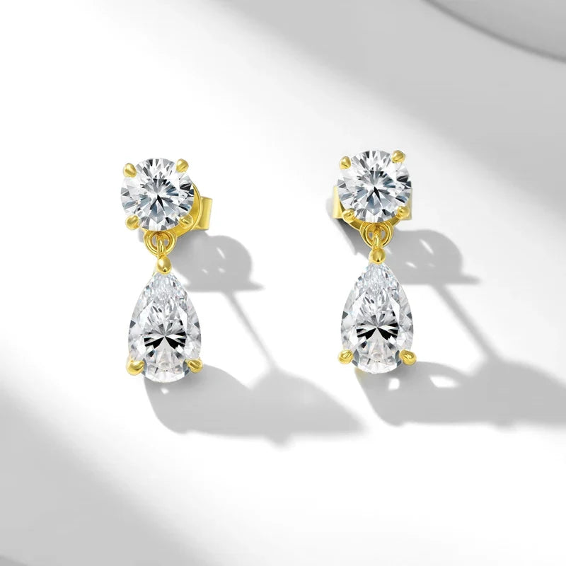 Round & Pear Moissanite Drop Earrings in Sterling Silver