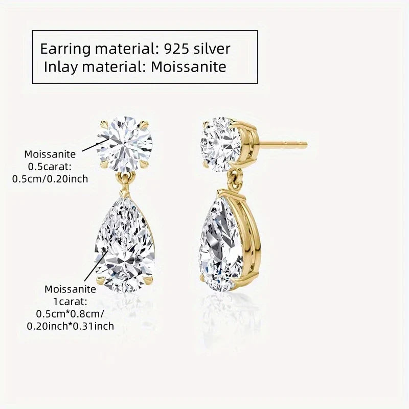 Round & Pear Moissanite Drop Earrings in Sterling Silver