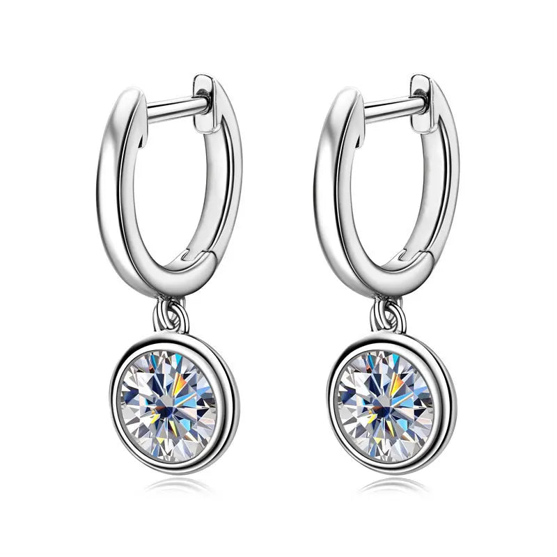 Bezel Moissanite Hoop Drop Earrings in Sterling Silver