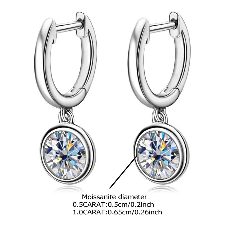 Bezel Moissanite Hoop Drop Earrings in Sterling Silver