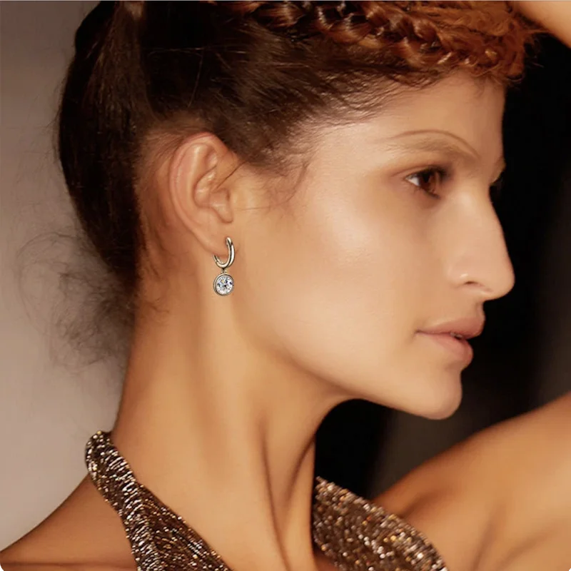 Bezel Moissanite Hoop Drop Earrings in Sterling Silver