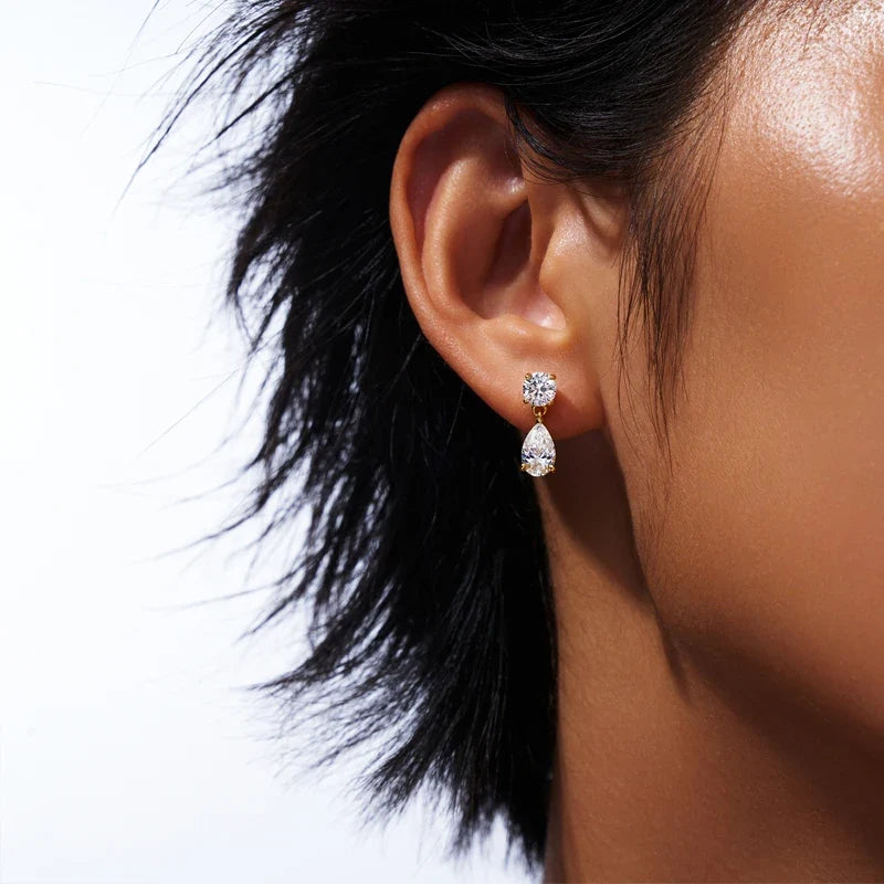 Round & Pear Moissanite Drop Earrings in Sterling Silver