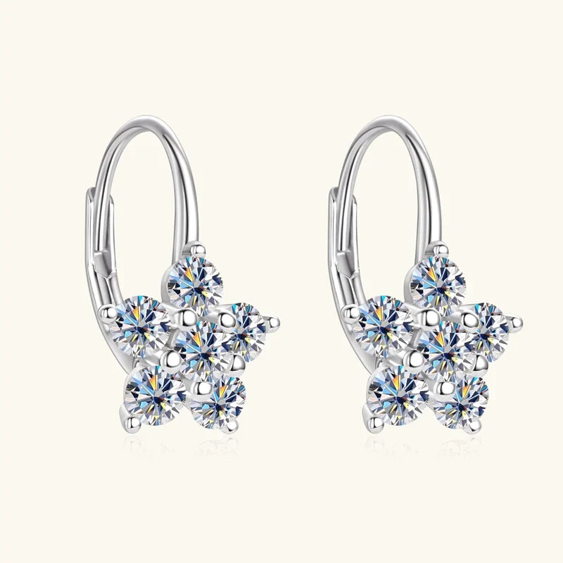 Flower Cluster Moissanite Leverback Earrings in Sterling Silver