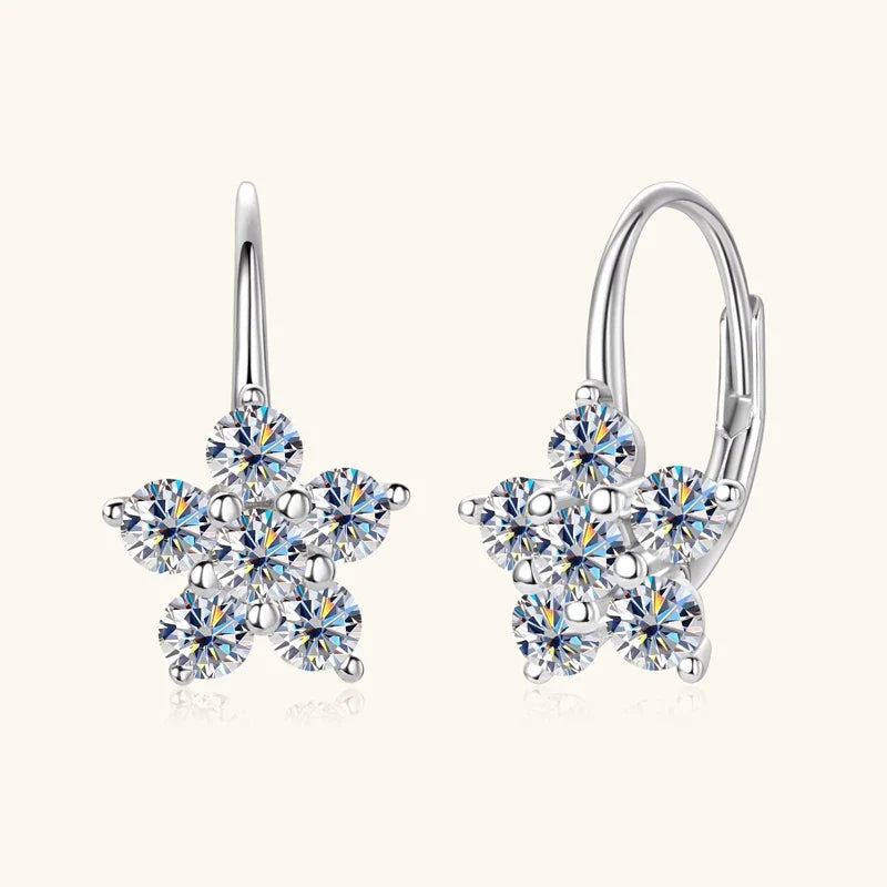 Flower Cluster Moissanite Leverback Earrings in Sterling Silver