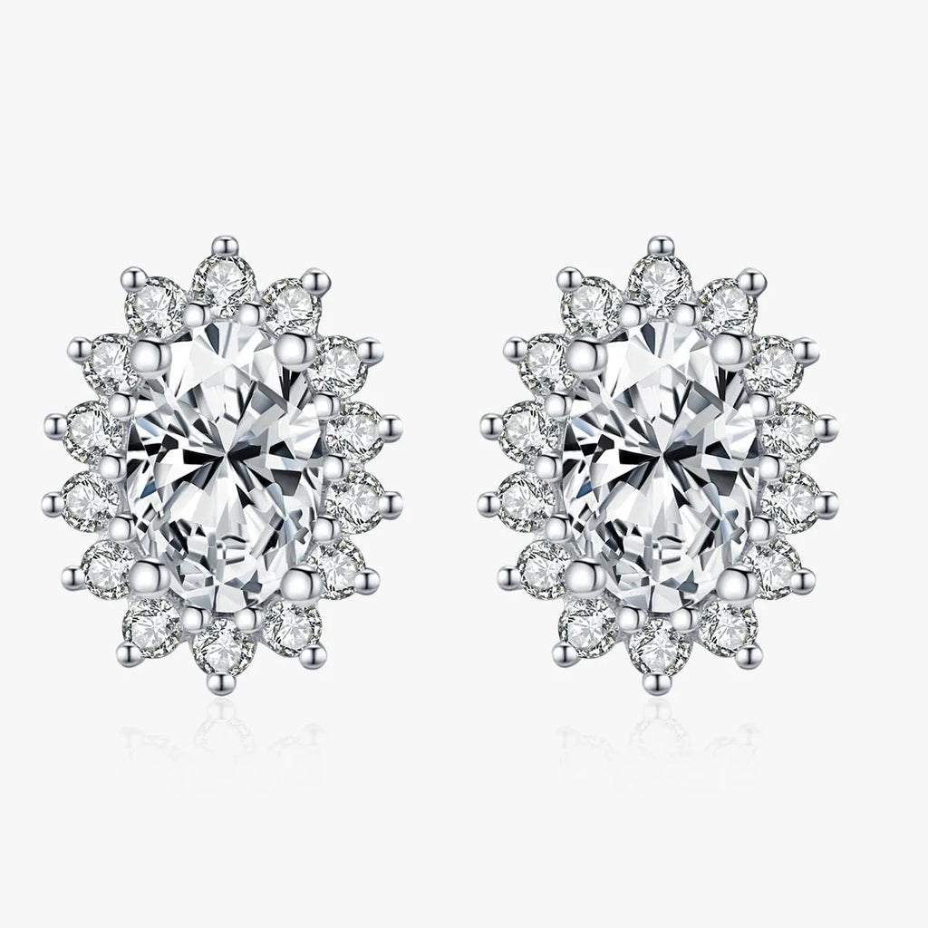 Oval Moissanite Floral Halo Stud Earrings in Sterling Silver