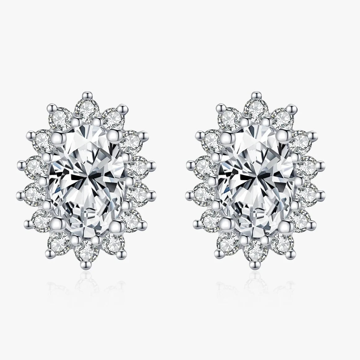 Oval Moissanite Floral Halo Stud Earrings in Sterling Silver