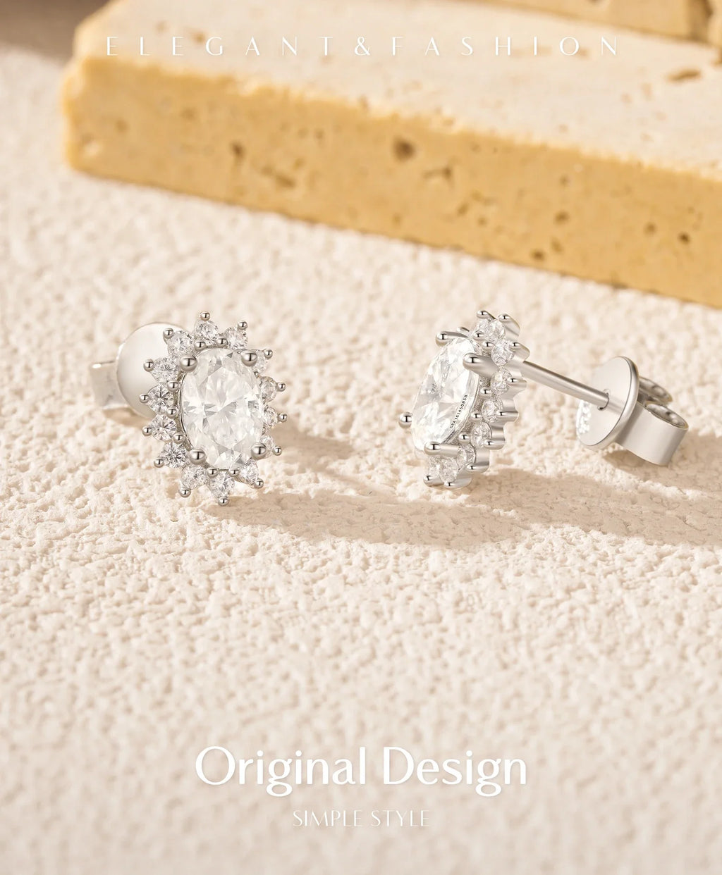 Oval Moissanite Floral Halo Stud Earrings in Sterling Silver