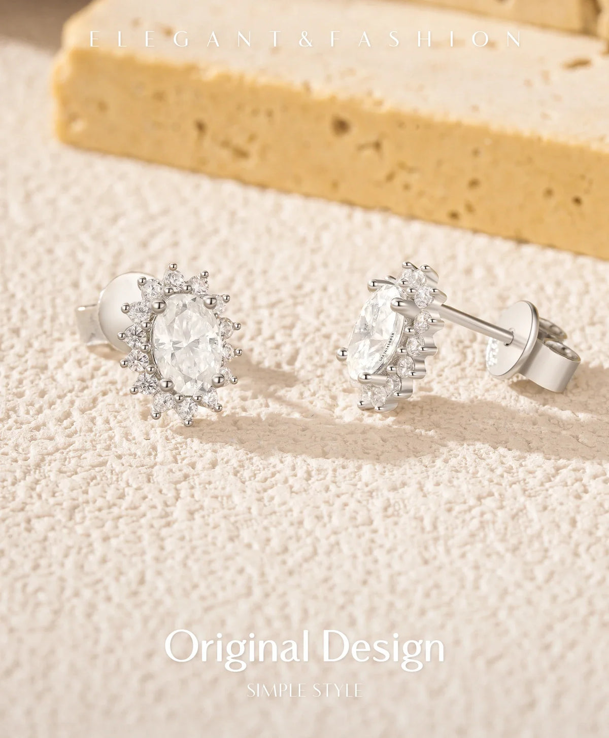 Oval Moissanite Floral Halo Stud Earrings in Sterling Silver