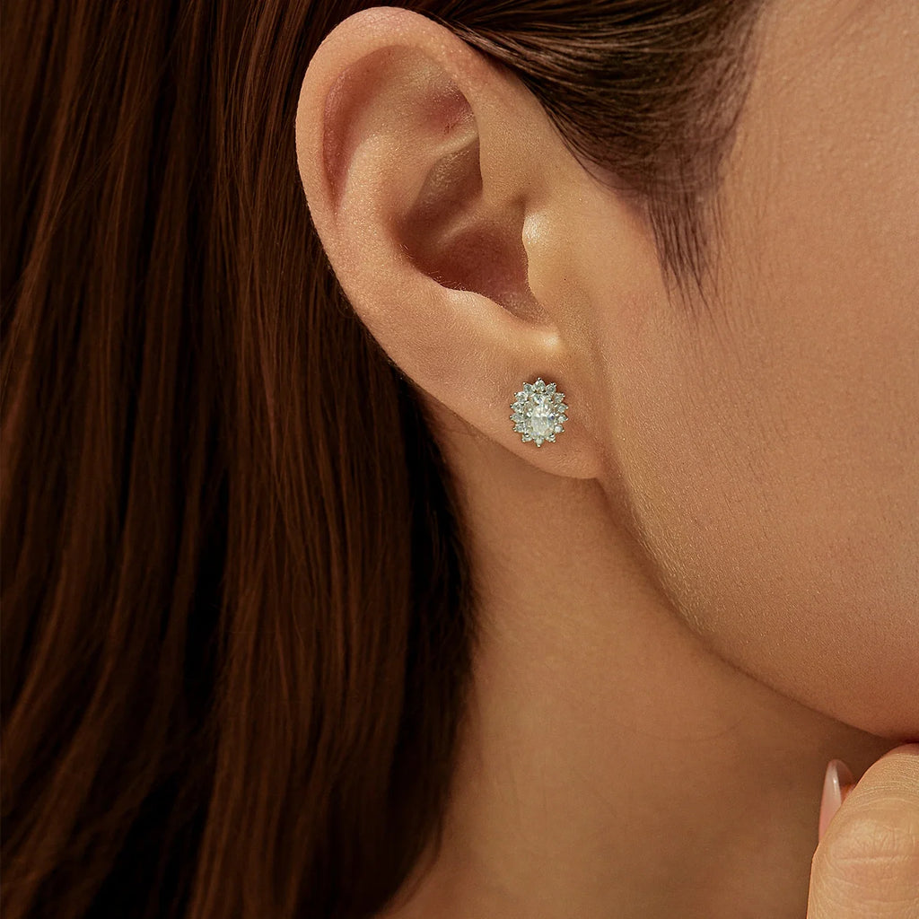 Oval Moissanite Floral Halo Stud Earrings in Sterling Silver