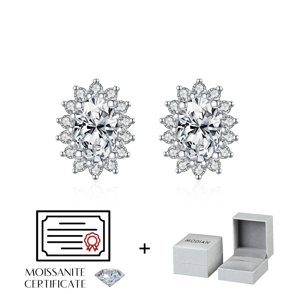 Oval Moissanite Floral Halo Stud Earrings in Sterling Silver
